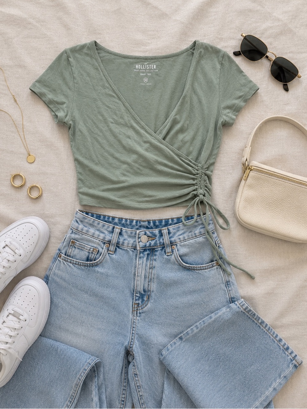 Hollister Sage Green Wrap Crop Top XS | Baby Tee Tie Side